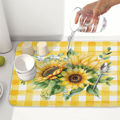 Sunflower Dish Drying Mat 18x24 Inch Absorbent Reversible Summer Sunflower Drying Mat Summer Plaid Dish Drying Rack Mat Yellow Summer Themed Dish Drainer Mat for Kitchen Counter Coffee Bar