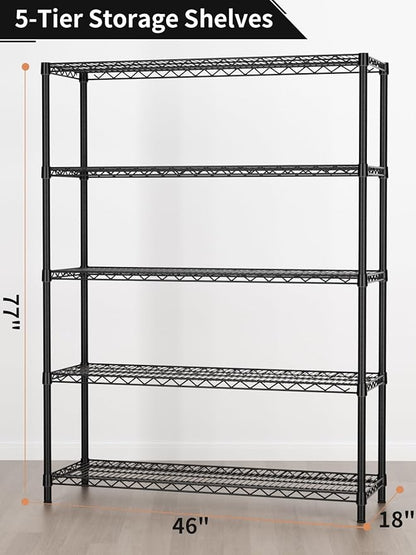 Golpart 5 Tier Adjustable Storage Shelves Heavy Duty Metal Utility Shelf 1750LBS Capacity Wire Shelving Unit Organizer Rack for Home Kitchen Garage Pantry Room 18" D x 46" W x 77" H Black