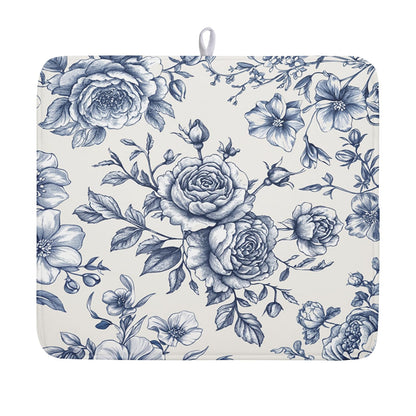 Vintage Floral Dish Drying Mat for Kitchen Counter Blue Floral Chinoiserie Pattern Dish Drying Pad 16x18 In Absorbent French Farmhouse Decor Dishes Drainer Pad Dish Dry Rack Mat for Counter Coffee Bar