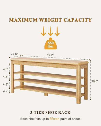 IUNVR Shoe Rack Bench Seat Rubberwood 3-Tier Wooden Storage Bench 550lbs Compact Mid-Century Modern Design for Entryway, Hallway, Closet, Front Door Entrance, Foyer