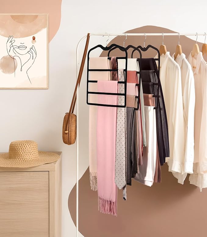 Pants Hangers Space Saving,3 Pack Velvet Short Neck Pants Hangers,5 Tier Space Saving Velvet Hanger,Closet Organizers and Storage Dorm Room Essentials for College Students Girls Guys Holds Pant,Jean