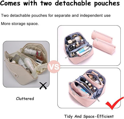 BOYATU Travel Makeup Bag for Women: Cosmetic Organizer Bag with Compartments - Leather Make up Bags Set of 3 (G-3-Pink)