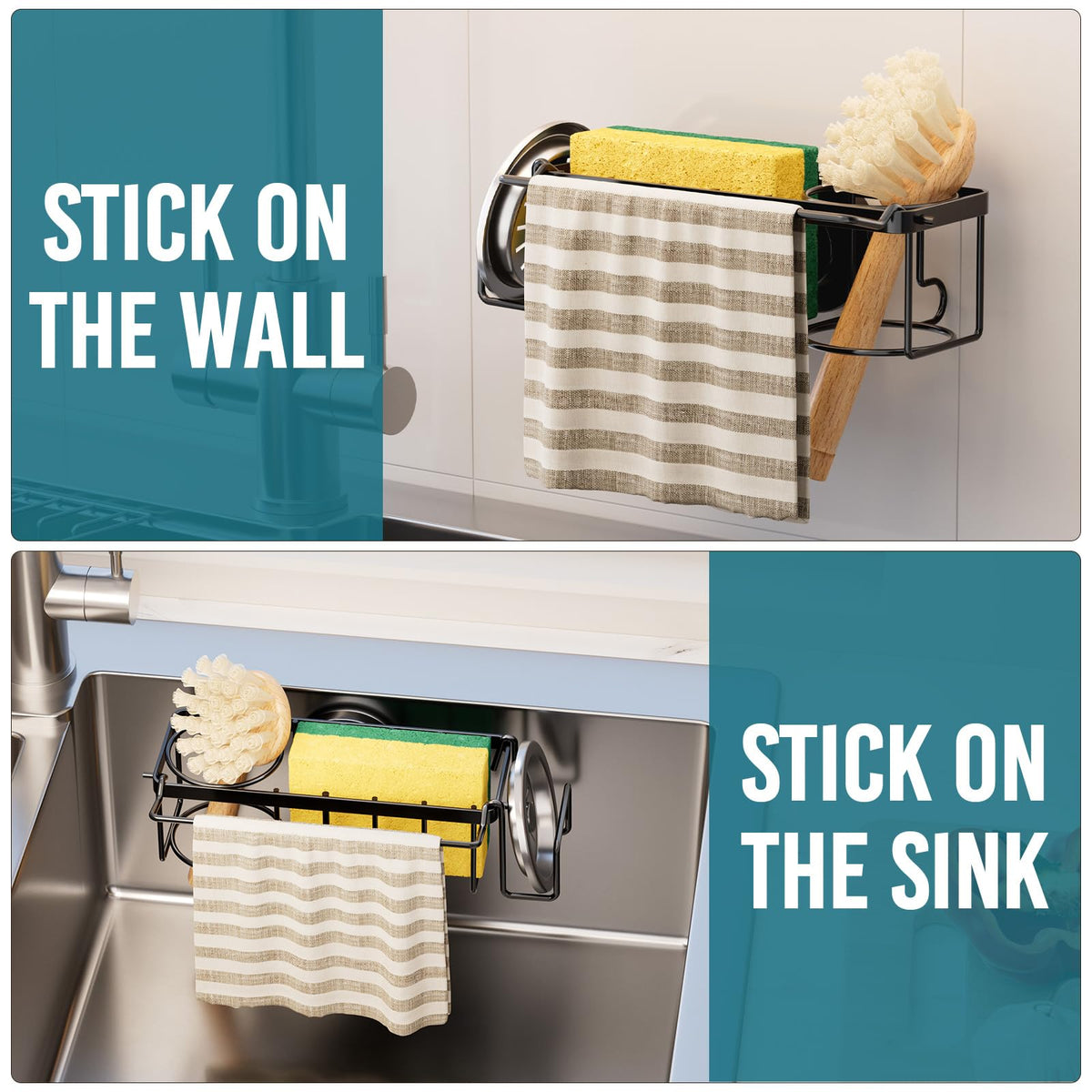 4-in-1 Sink Sponge Holder for Kitchen with Strong Suction Cup-Black