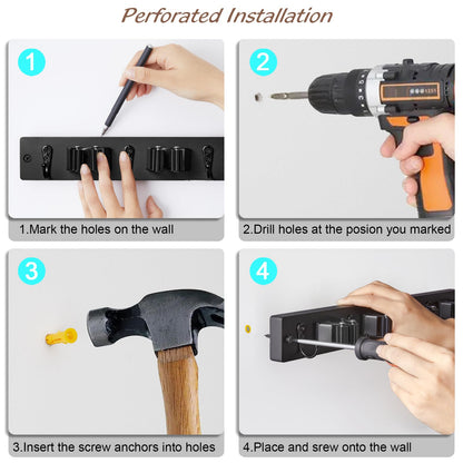 Black Mop Broom Holder Wall Mount with 4 Slots & 4 Hooks