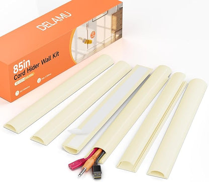 Delamu 85in Adhesive Cord Hider Wall, Mounted TV Cord Cover Kit, Multiple Cable Raceways for Wall Corner, Wire Cover Hiders for 2-3 Cables, 1.57" W X 0.59" H, Beige