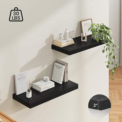 Dreamland 32" Floating Shelves for Wall, 12" Deep Thicker Black Floating Shelves, Wall-Mounted Shelves for Bedroom, Living Room, Kitchen, Bathroom - Set of 2