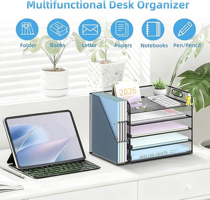 SUPEASY 5-Tier Desk Organizer with File Holder, Desk Organizers and Accessories, Paper Organizer for Desk, Mesh Desktop File Organizer, Workspace Organizers for Office School Home, Black