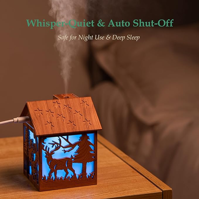 Mini Christmas Humidifier, 240ml Cool Mist Wooden House Humidifier with Santa Silhouette, 7-Color LED Lights, USB Powered, Quiet & Auto Shut-Off for Bedroom Home Office (Light Wood)