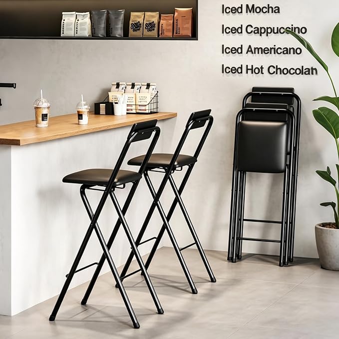 Folding Bar Stool with Back, 2PCS Tall Foldable Stool Chair Portable Adult Collapsible Counter Height Seat Leather Padded Kitchen Shop Comfortable and Sturdy 29.5 Inch