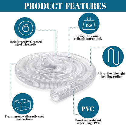 4 Inches 30 ft PVC Dust Collection Hose with Stainless Steel Clamps Set Flexible Clear Vacuum Puncture Resistant Fume Hose for Vacuums Cleaner Fume Dust Collection System