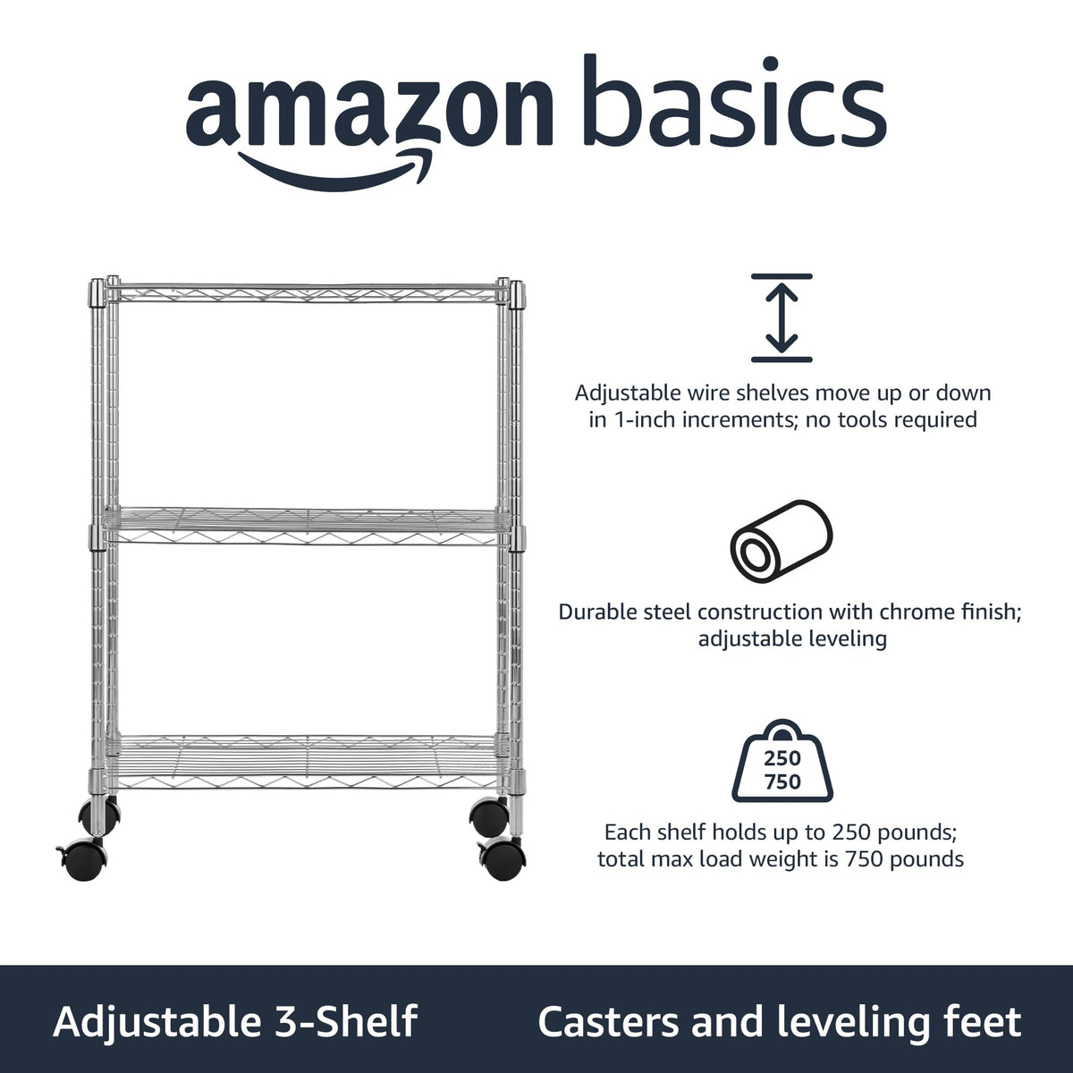 3 Shelf Heavy Duty Adjustable Wire Shelving Storage Rack on 2" PP Plastic Wheel Casters
