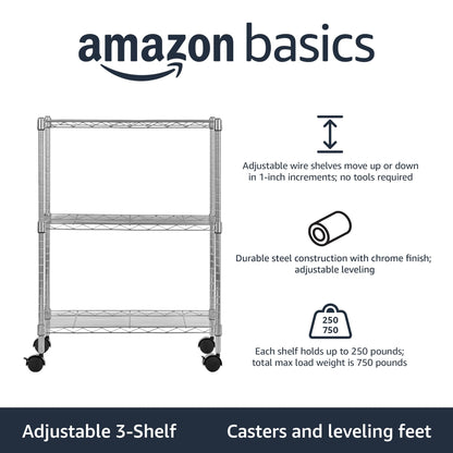 3 Shelf Heavy Duty Adjustable Wire Shelving Storage Rack on 2" PP Plastic Wheel Casters