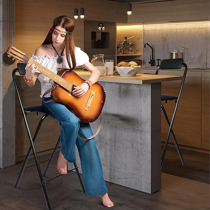 Folding Bar Stool with Back, 2PCS Tall Foldable Stool Chair Portable Adult Collapsible Counter Height Seat Leather Padded Kitchen Shop Comfortable and Sturdy 29.5 Inch