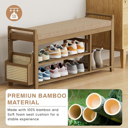 Homaxy 2-Tier Shoe Rack Bench with Side Holder, 39.4 in Bamboo Entryway Bench, Shoe Rack Organizer with Cushion for Front Entrance, Hallway Living Room Bedroom, Walnut and Light Brown