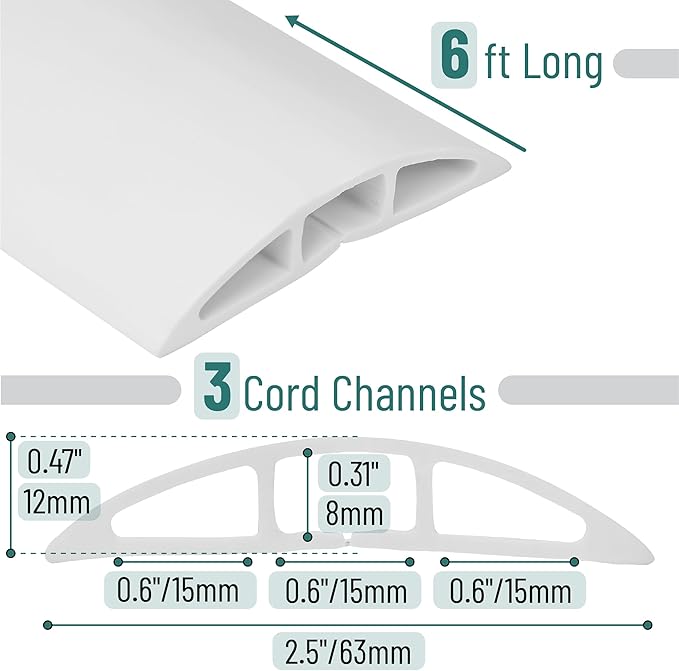 Bates- Floor Cord Cover, 6ft, Cable Cavity 0.6" (W) x 0.31" (H), Heavy Duty Wire Protector, PVC Extension Cords Hider, Protect Cords, Prevent Cable Trips, Cord Hider for Office, Home, Outdoor