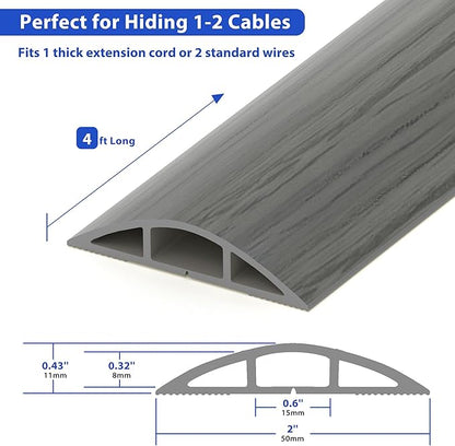 Floor Cord Cover 4ft, Cord Hider Floor Hide Extension Cords, PVC Cable Management Cover, Cable Protector Cord Cavity W0.6in x H0.32in Grey Wood