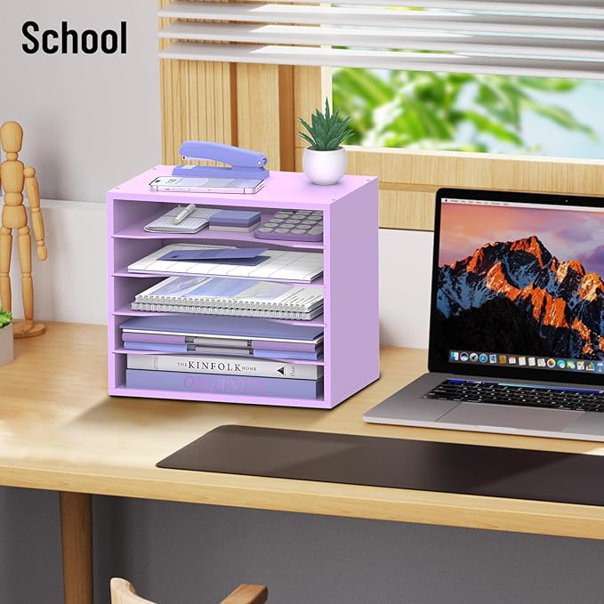 5-Tier Wood Desk Organizer, Paper Tray Organizer for Desk with Adjustable Storage Shelves, Desktop File Organization Paper Sorter Mail Holder for Office Home Classroom, Purple