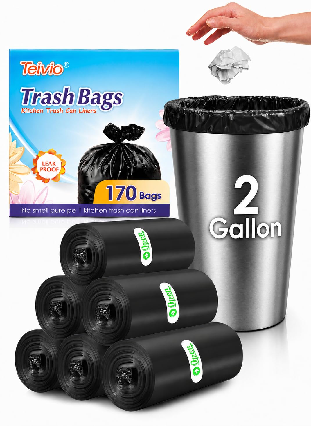 Small Black Trash Bags 2 Gallon 170 Counts Garbage Bags by Teivio