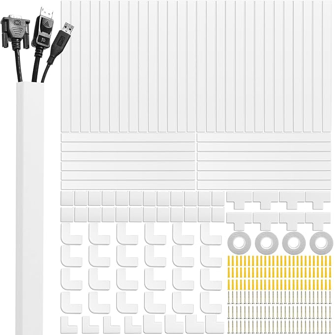 Cord Cover Raceway Kit, 628 in Cable Cover Channel, Paintable Cord Concealer System Cable Hider, Cord Wires, Hiding Wall Mount TV Powers Cords in Home Office, 40 X L15.7in X W0.95in X H0.55in