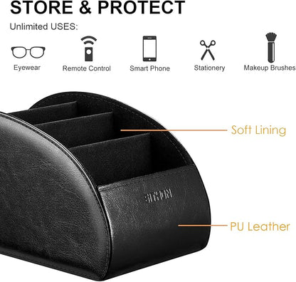 SITHON Remote Control Holder with 5 Compartments – [Upgrade Version] PU Leather Remote Caddy Desktop Organizer Store TV, DVD, Blu-Ray, Media Player, Smart Phones, Heater Controllers (Black)