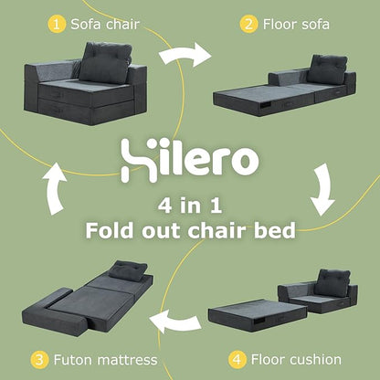 Folding Sofa Bed, 4 in 1 Convertible Sleeper Chair with Pillow, Standard Memory Foam Fold Out Chair Bed, Modern Floor Futon Sofa Couch Mattress for Living Room/Guest/Apartment, Black Grey