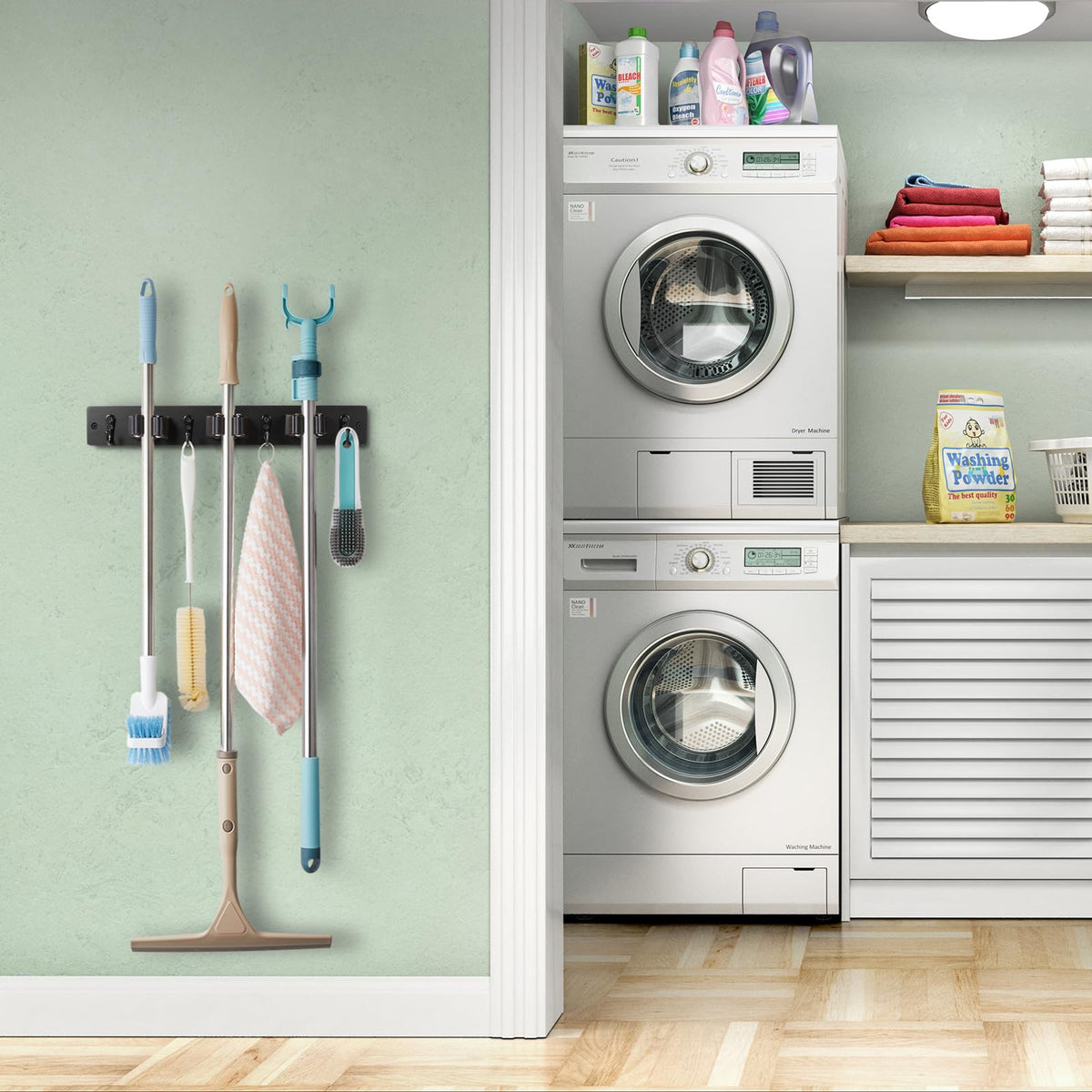 Black Mop Broom Holder Wall Mount with 3 Slots & 4 Hooks