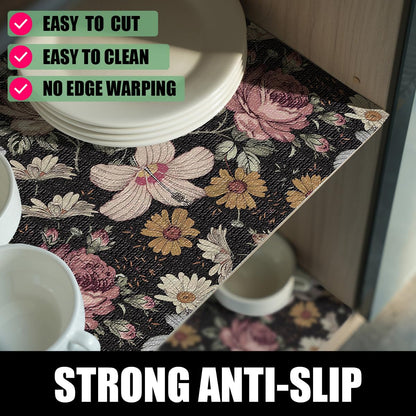 Black Retro Floral Shelf Drawer Liner for Kitchen 12IN x 20FT (19.36 Sq Ft)