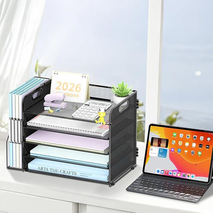 SUPEASY 5-Tier Desk Organizer with File Holder, Desk Organizers and Accessories, Paper Organizer for Desk, Mesh Desktop File Organizer, Workspace Organizers for Office School Home, Black