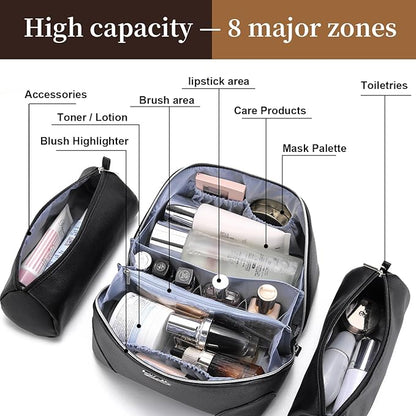 BOYATU Travel Makeup Bag Cosmetic Bags for Women: 3 Pcs Set Large Capacity Make up Bag with Handle - Waterproof Vegan Leather Toiletry Bags Travel Essentials with Compartments(C-2-Black)