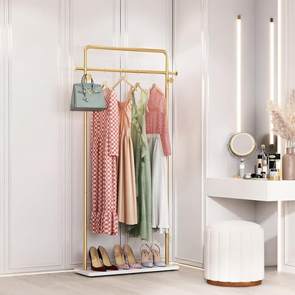 TIEOU Gold Coat Racks with Shelf, Heavy Duty Gold Clothing Racks for Boutiques, Free-Standing Metal Garment Rack for Hanging Clothes, Modern Clothes Rack Entryway