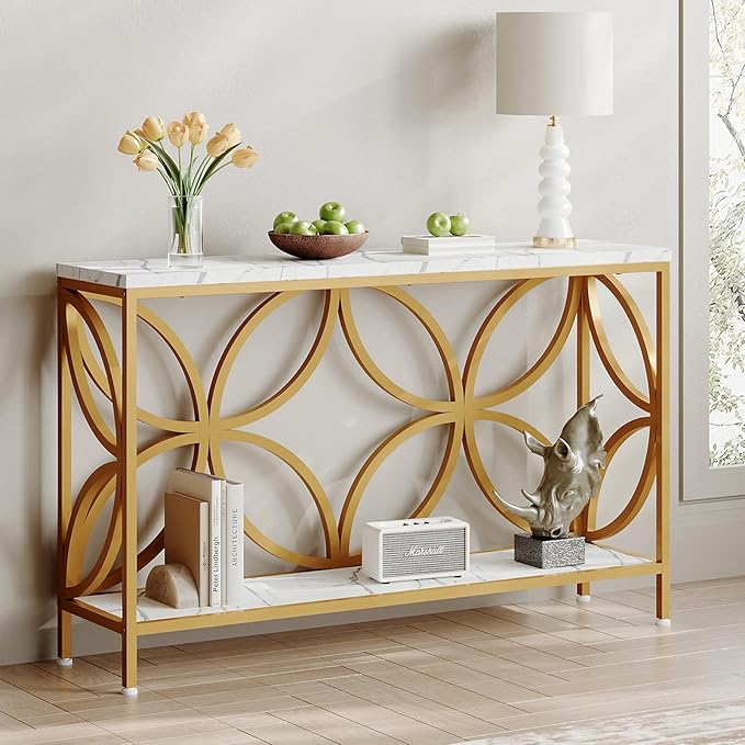 GiftGo Narrow Sofa Table 47.2 Inch, Industrial Sofa Table Behind Couch, Vintage Entry Console Table with Storage for Entryway, Living Room, Foyer, Elegant Design (White and Gold, 47.2)