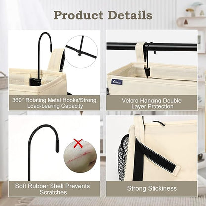 Surblue Bedside Organizer with Hook Bedside Caddy Hanging Storage Bag with Adjustable Strap and Water Bottle Holder for Home College Dorm Bunk Bed Accessories, Crib Bed Rail, Hospital Bed, Beige, 2PCS