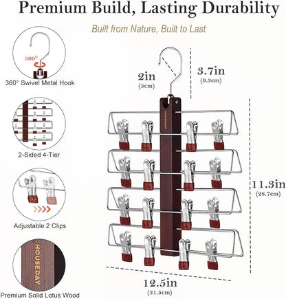 HOUSE DAY Skirt Hangers Space Saving 1 Pack, Double Row 4-Tier Non-Slip Hangers with Clips for Skirts, Shorts, and Pants - Lotus Wood Clip Hanger for Women - Closet Organizers and Storage (Mahogany)