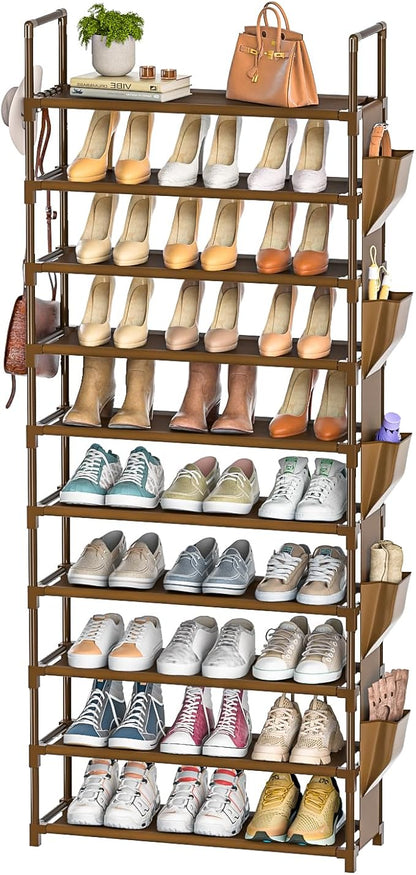 LUKYTOWER Tall Shoe Rack - 10 Tier Organizer for Closet, 30-35 Pairs, Large Capacity with 5 Hooks and Side Pocket, Sturdy Shoe Shelf, Vertical Shoe Stand Tower