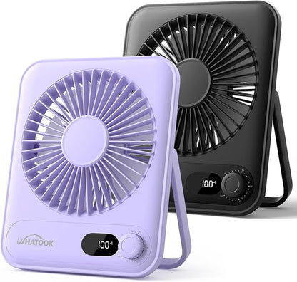 WHATOOK Desk Fan 2 Pack: 100 Speeds Stepless Control 2000mAh Battery Operated Portable Fan, Rechargeable Table Fan for Cruise Ship Essentials, Gift for Couples, Dorm, Office, Bedroom(Black and Purple)