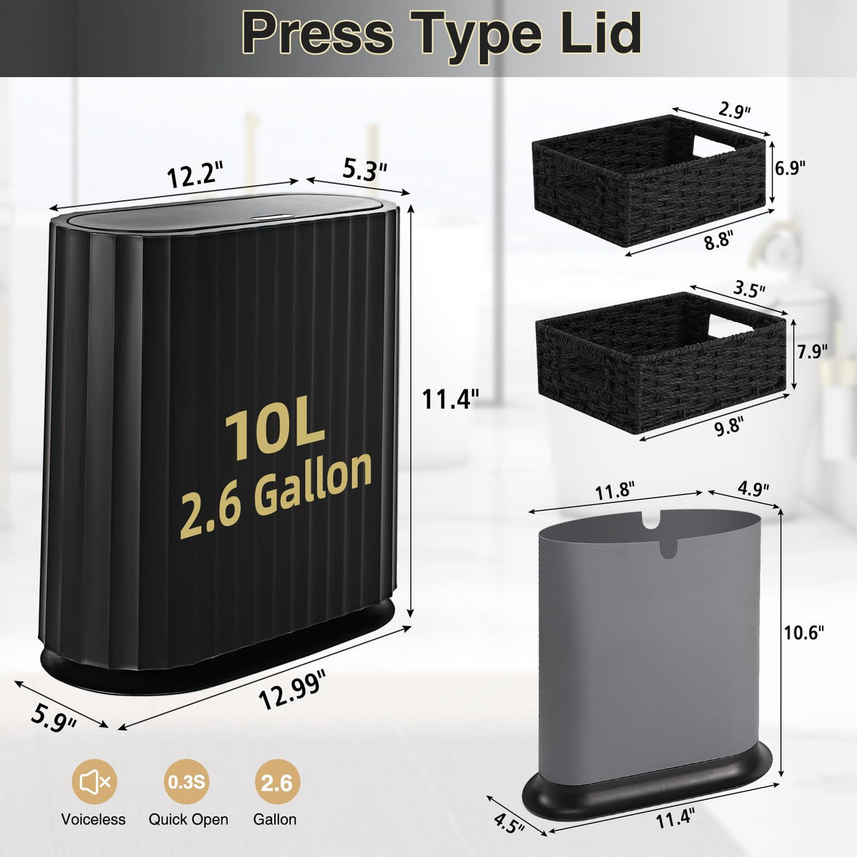 Small Bathroom Trash Can with Press Type Lid (3 Count)