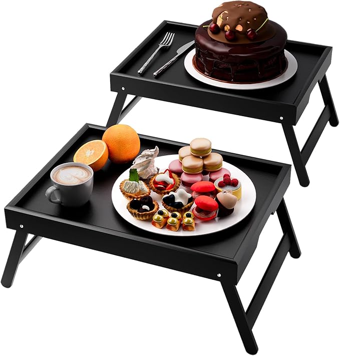Fibogollo 2 Pack Bamboo Bed Tray Table with Folding Legs,Breakfast Trays,Serving Tray for Food and Snack,Laptop Trays for Working(Black)