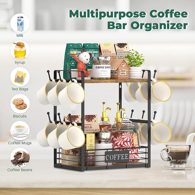 EsLuker.ly Coffee Mug Cup Holder Tree Bar Station Organizer, 2 Tier Mug Stand Rack for Countertop Kitchen, Storage Tower Display Shelf with 12 Hooks, Coffee Nook Enhancer, Vintage Brown Black