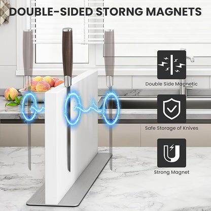 THMINS Large White Magnetic Knife Block Stainless Steel Double-Sided Magnetic Knife Holder, Universal Multi-function Display Rack for Kitchen Counter