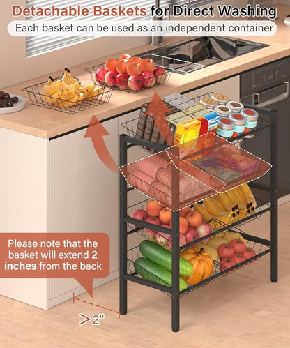 4-Tier Kitchen Storage Rack, Metal Pantry Storage Stand, Fruit Basket Stand with 8 Fruit Vegetable Baskets, Freestanding Snack Organizer Shelf Unit for Living Room, Office, Apartment, Black
