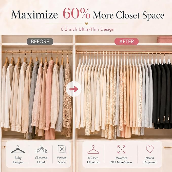 Smartor White Velvet Hangers 50 Pack, Non Slip Clothes Felt Hanger Heavy Duty for Coat, 360° Rotating Rose Glod Hook, Premium Slim Space Saving Hangers for Closet Organizer and Storage