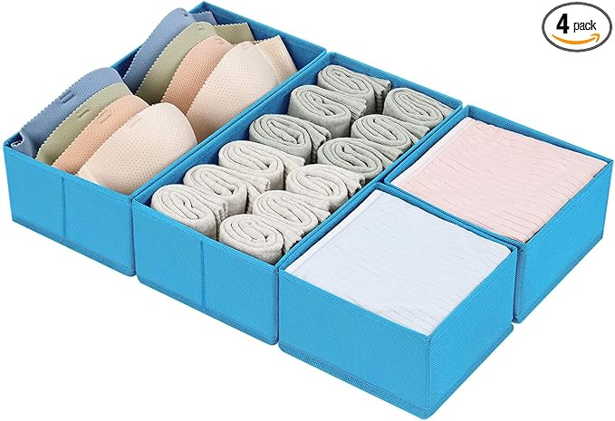 DIMJ Drawer Organizers - Set of 4 Fabric Closet Organizers and Storage, Drawer Dividers for Baby Clothes, Socks, Belt, Tie (Blue)