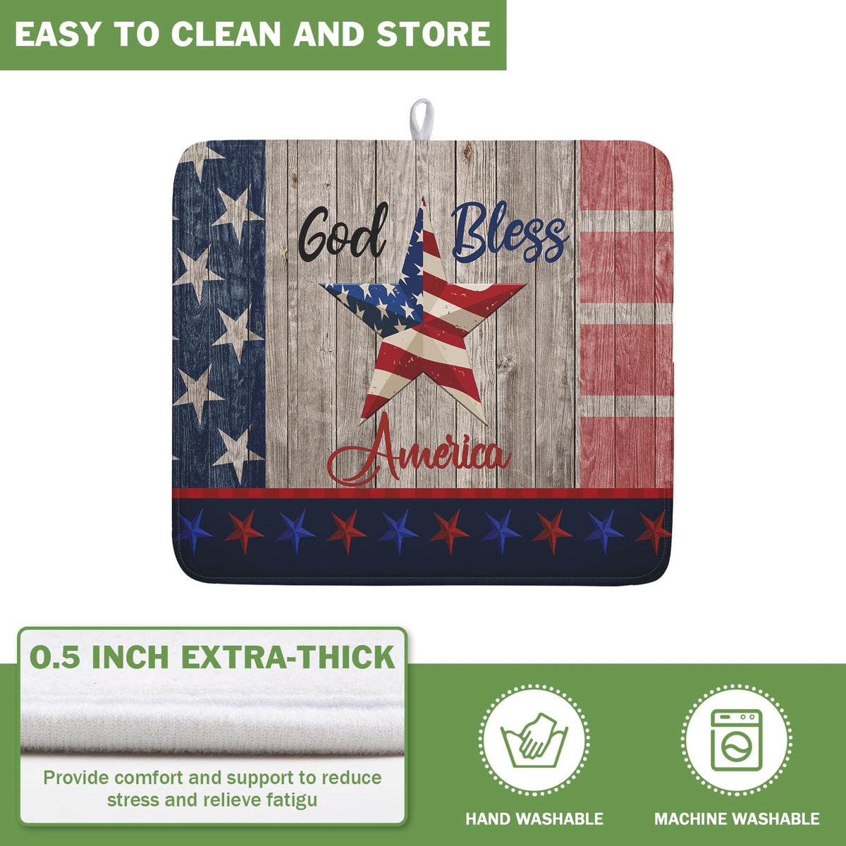 4th of July Dish Drying Mat 16x18 Inch Patriotic God Bless America Memorial Kitchen Mats Independence Day Absorbent Dishes Pad for Kitchen Counter USA Star Drying Mat Home Decor for Countertop