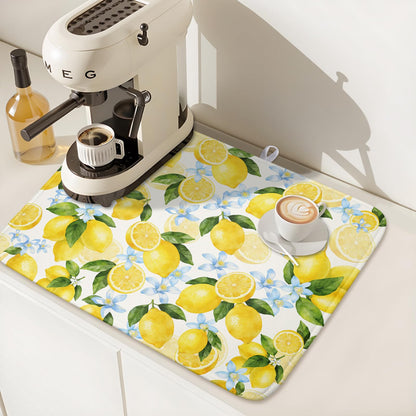 Lemon Dish Drying Mat 16x18 Inch Absorbent Reversible Summer Drying Mat Floral Lemon Fruits Dish Drying Rack Mat Yellow Summer Themed Dish Drainer Mat for Kitchen Counter Coffee Bar