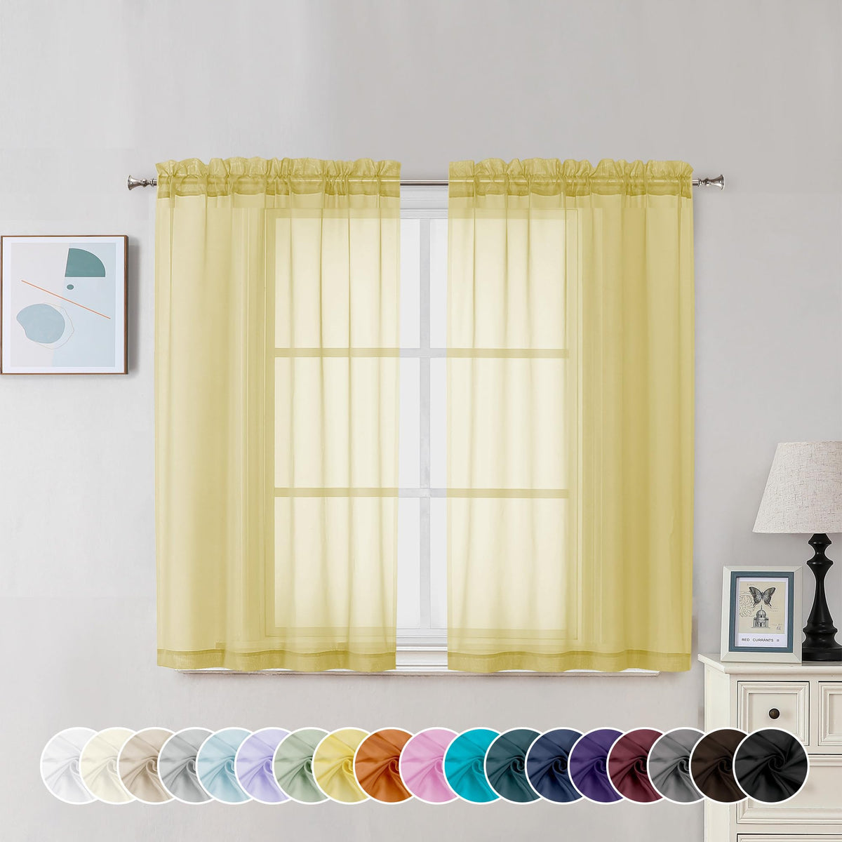 Mustard Yellow Sheer Curtains 45 Inches Long (2 Count)