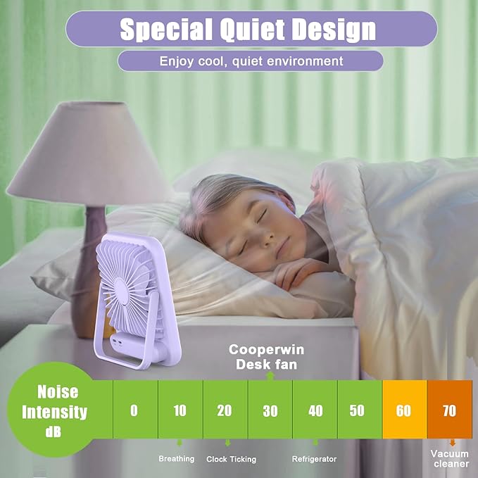 Small Fan Portable, 6.8 Inch Quiet Desk Fan Rechargeable with 2500mAh Battery Operated, 100 Speeds Adjustable Personal Mini Desktop Fan for Bedroom Office Travel Beach, Cruise Ship Essentials, Purple