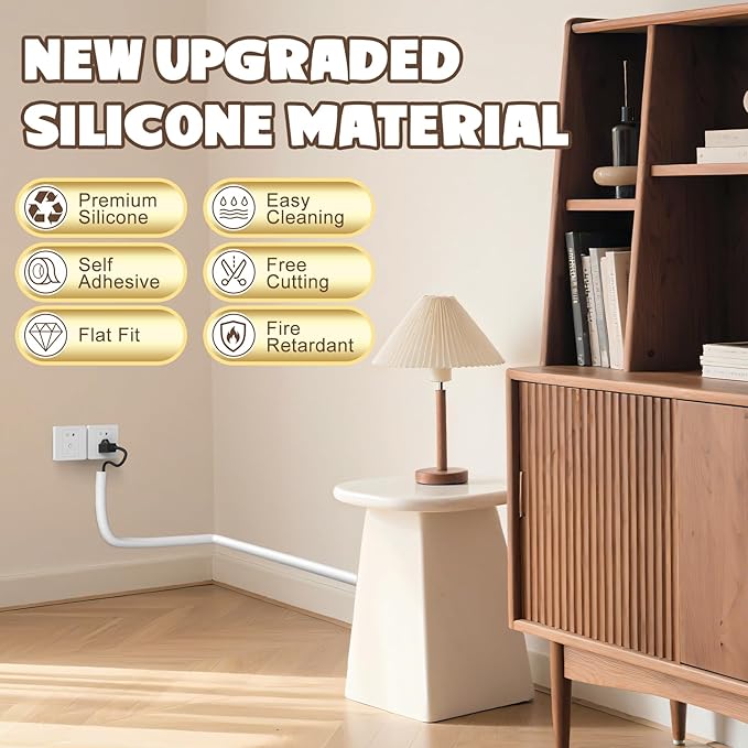 118 Inch Wall Cord Hider, Silicone Self Adhesive Cable Hider Cord Cover, Flexible Wire Covers for Cords Cable Cover Cable Concealer for Wires W0.59” H0.39” White