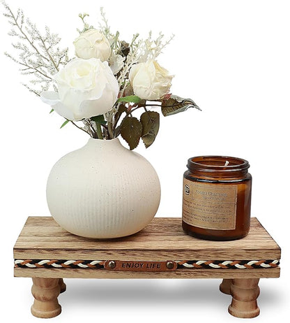 Wood Tray Pedestal Stand, Bathroom Counter Organizer, Modern Farmhouse Riser for Soap/Candle/Sponge Rustic Small