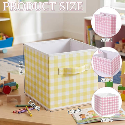 Yalikop 6 Pcs Colorful Checkered Cube Storage Bins, 11 Inch Fabric Gingham Classroom Storage Bins Organizer with Handle Preppy Collapsible Cubby Basket for Classroom Home Nursery Playroom Bedroom