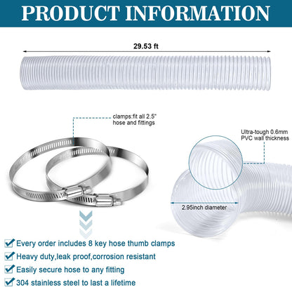 3 Inches 30 ft PVC Dust Collection Hose with Stainless Steel Hose Clamps Set Flexible Clear Vacuum Hose Puncture Resistant Fume Hose for Vacuums Cleaner Fume Dust Collection System